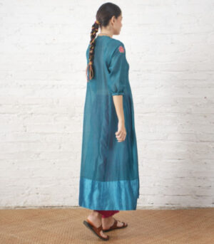 Teal Silk Chanderi V Neck Dress with Hand-Beading Motif