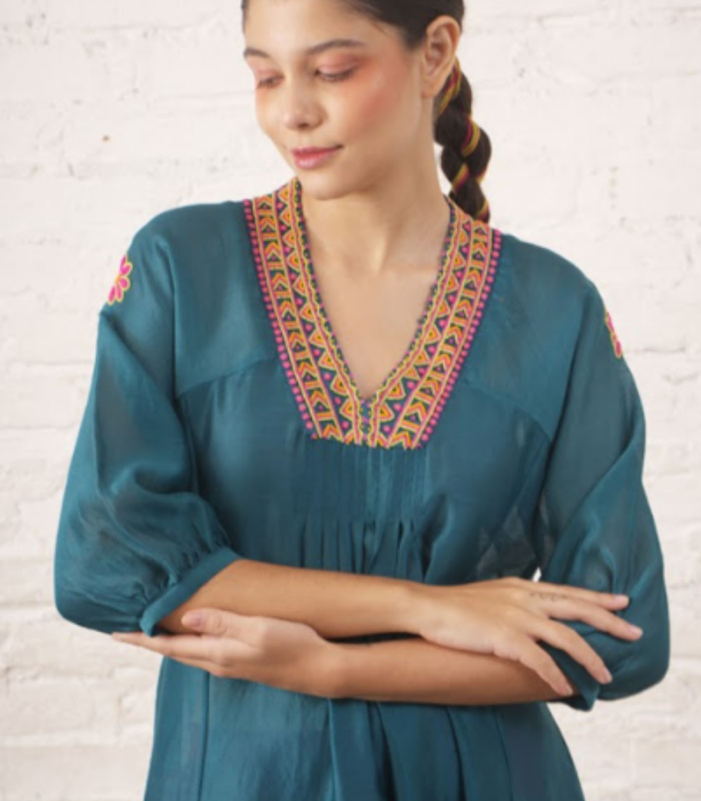 Teal Silk Chanderi V Neck Dress with Hand-Beading Motif - Image 2