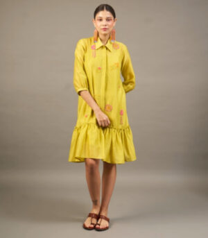 Lime Silk Chanderi Short Dress with Bead Embroidered Florals