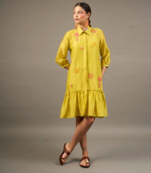 Lime Silk Chanderi Short Dress with Bead Embroidered Florals