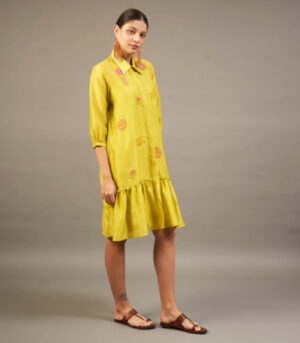 Lime Silk Chanderi Short Dress with Bead Embroidered Florals