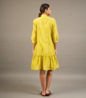 Lime Silk Chanderi Short Dress with Bead Embroidered Florals