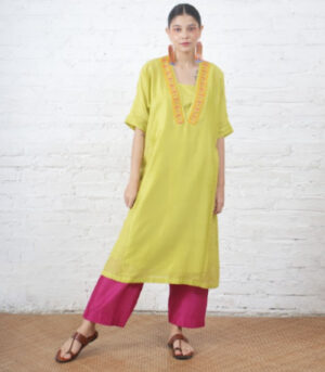 Lime Silk Chanderi Kurta with Fuschia Pants
