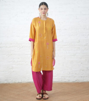 Rust Silk Chanderi Floral Kurta with Fuschia Pants
