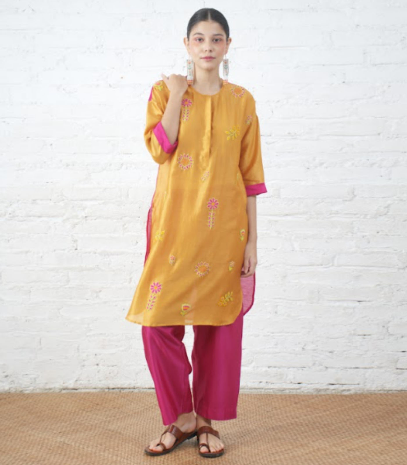 Rust Silk Chanderi Floral Kurta with Fuschia Pants - Image 3