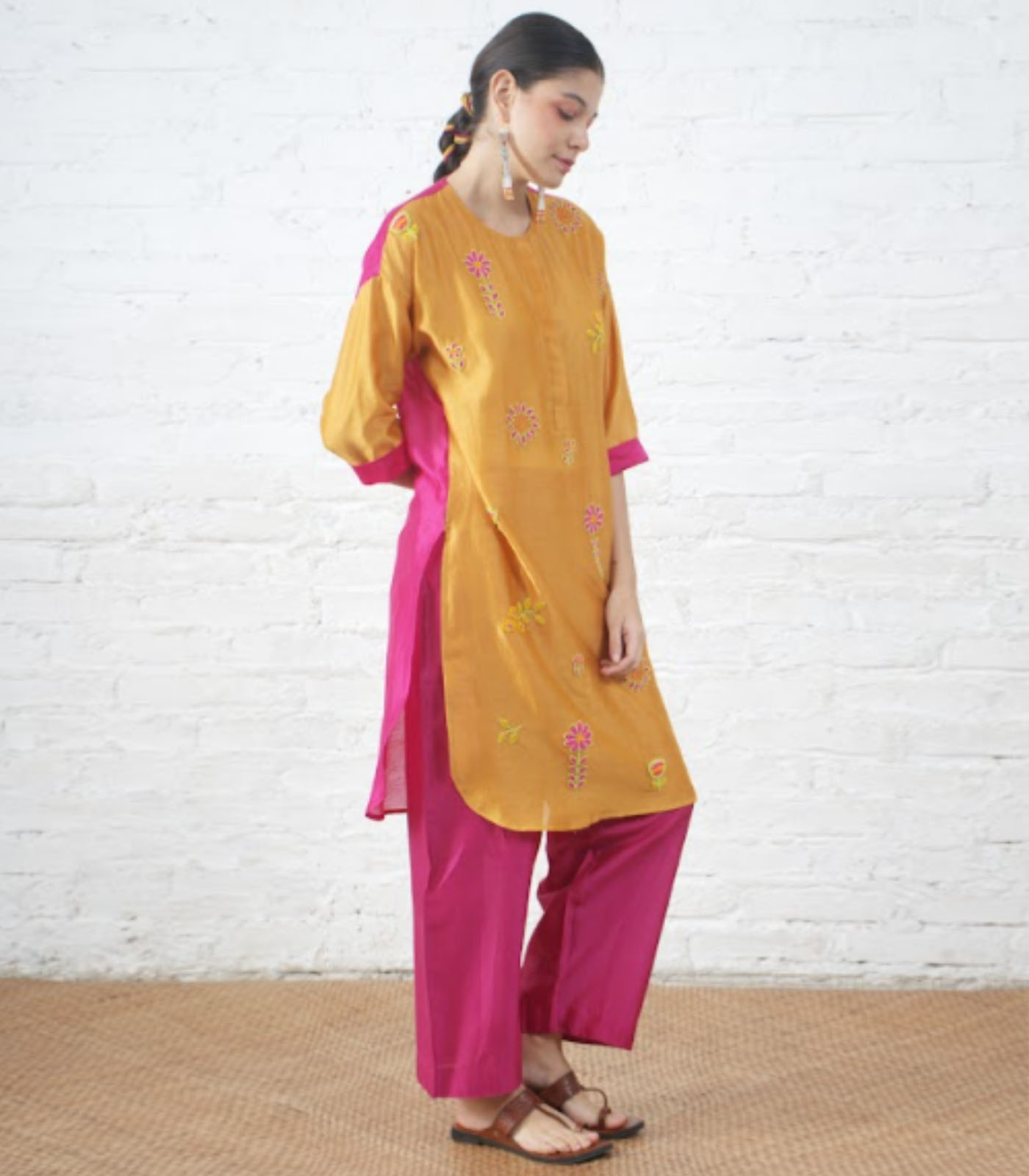 Rust Silk Chanderi Floral Kurta with Fuschia Pants - Image 4