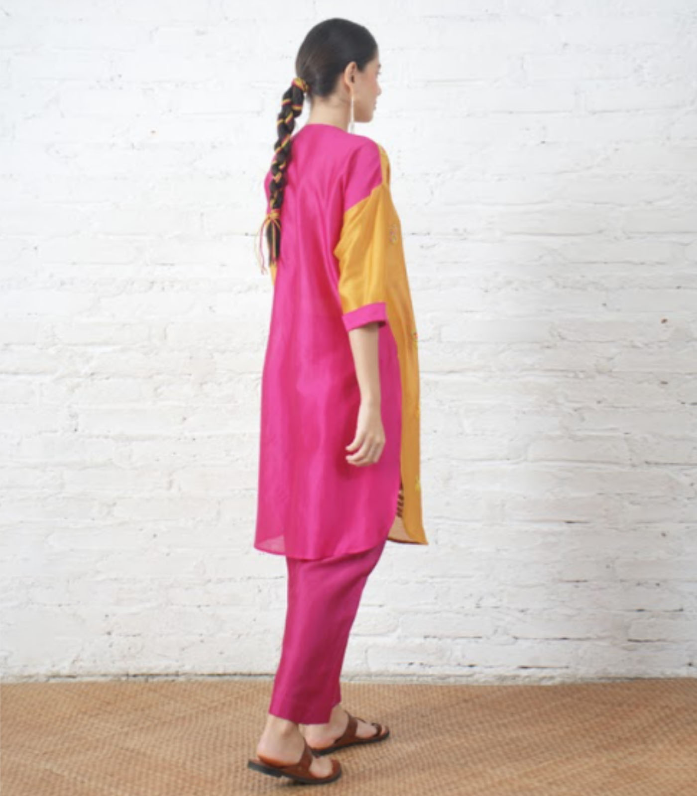 Rust Silk Chanderi Floral Kurta with Fuschia Pants - Image 5