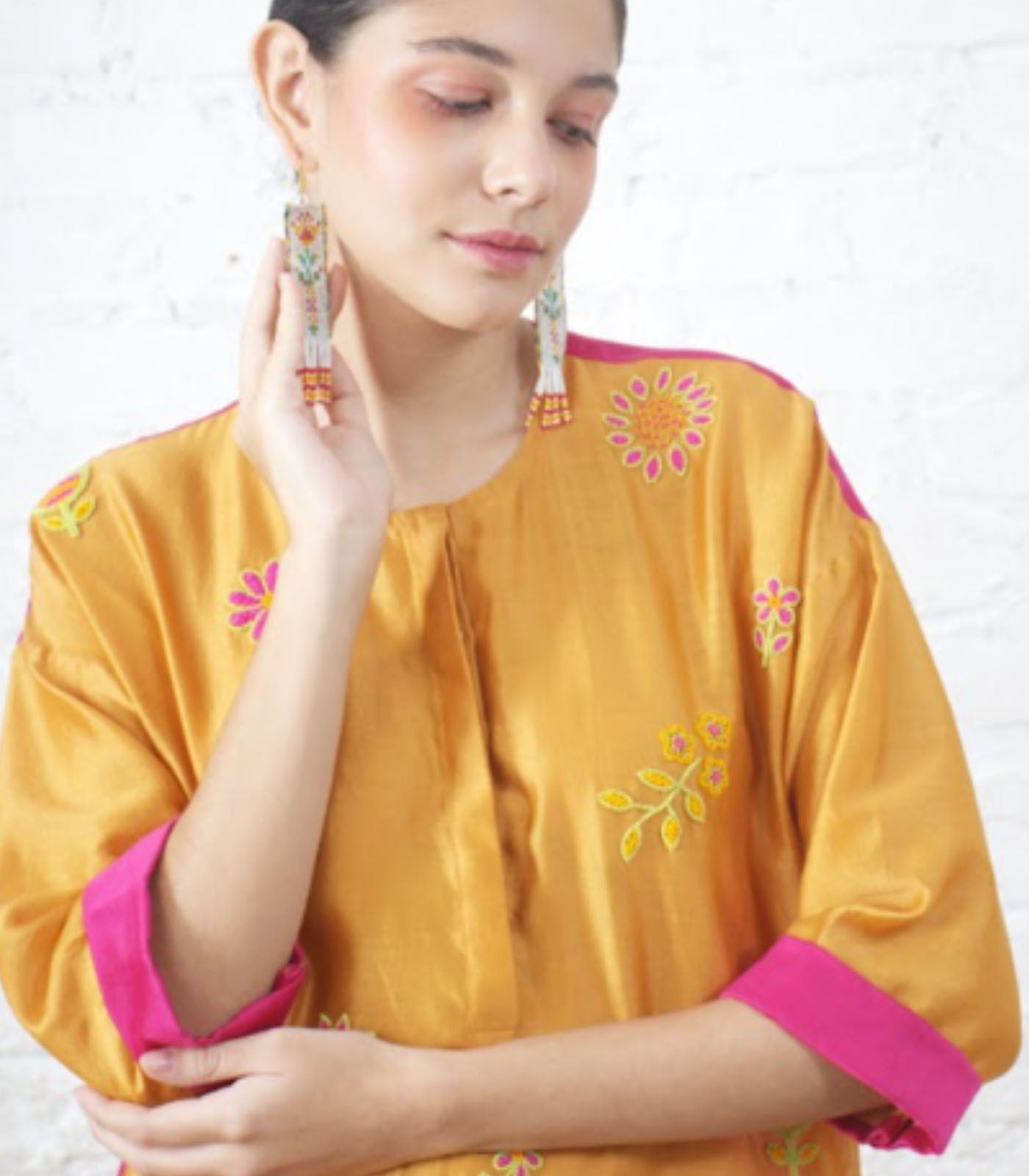 Rust Silk Chanderi Floral Kurta with Fuschia Pants - Image 2