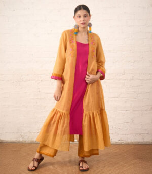 Rust Silk Chanderi Overlay with Fuchsia Inner Set