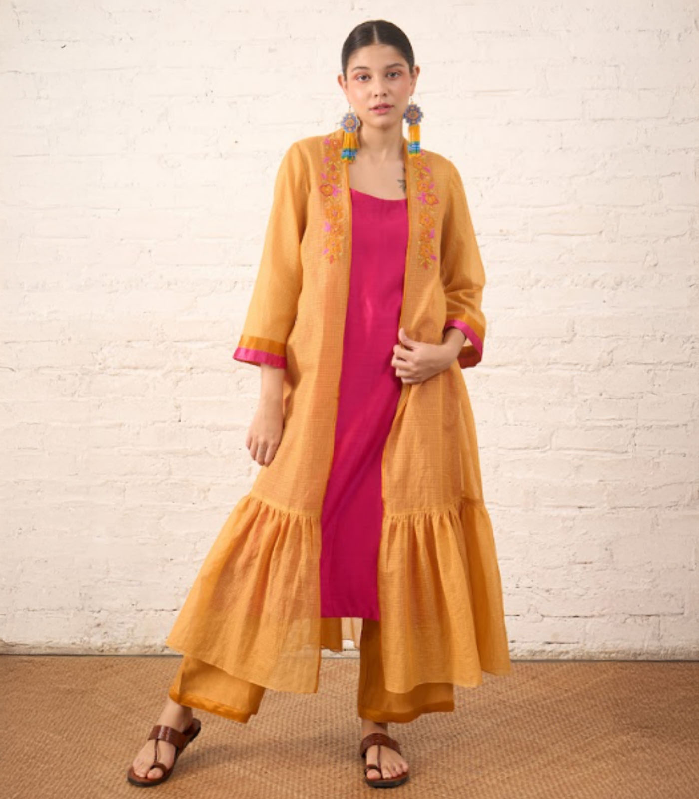 Rust Silk Chanderi Overlay with Fuchsia Inner Set