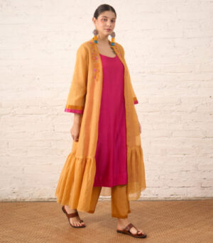 Rust Silk Chanderi Overlay with Fuchsia Inner Set