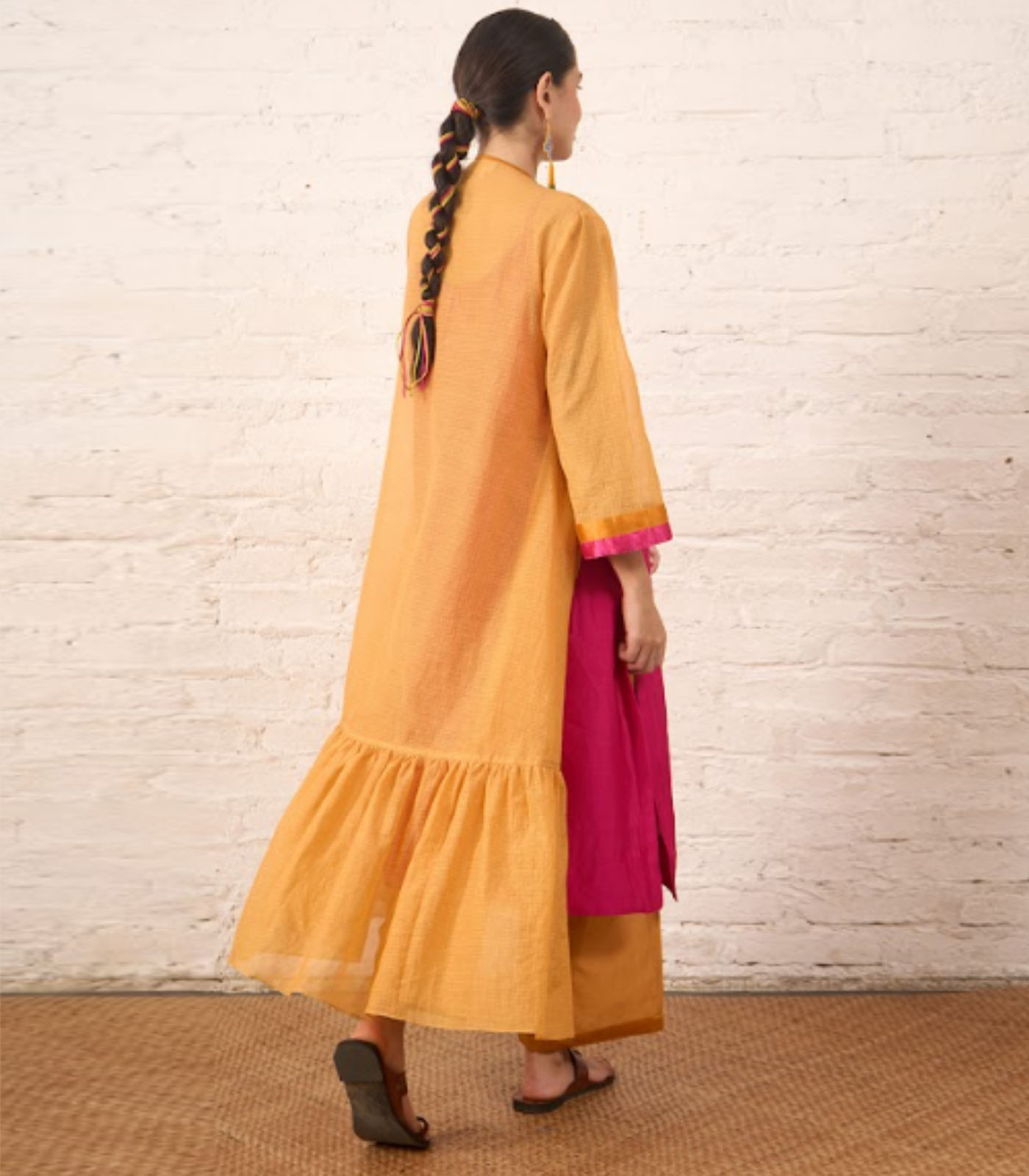 Rust Silk Chanderi Overlay with Fuchsia Inner Set - Image 4