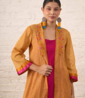 Rust Silk Chanderi Overlay with Fuchsia Inner Set