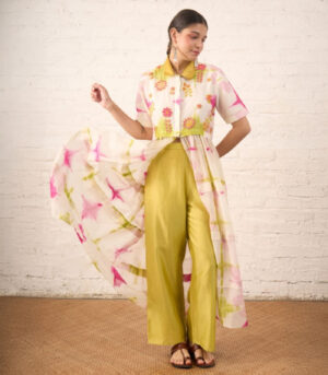 Clamping Silk Chanderi Overlay with Floral Bead Embroidery and Lime Pants