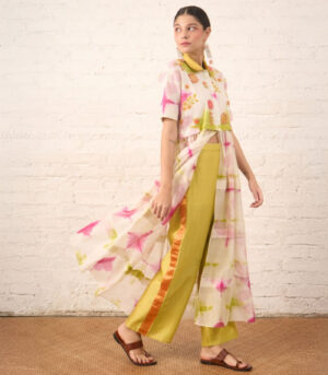 Clamping Silk Chanderi Overlay with Floral Bead Embroidery and Lime Pants
