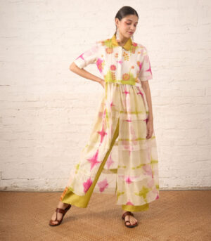 Clamping Silk Chanderi Overlay with Floral Bead Embroidery and Lime Pants