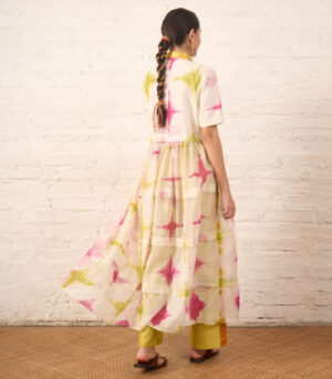 Clamping Silk Chanderi Overlay with Floral Bead Embroidery and Lime Pants