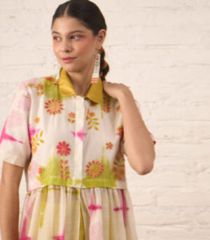 Clamping Silk Chanderi Overlay with Floral Bead Embroidery and Lime Pants