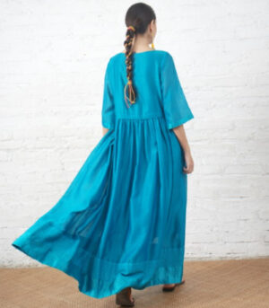 Teal Silk Chanderi Dress with Hand‑Beaded Floral Motif