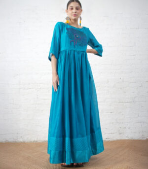 Teal Silk Chanderi Dress with Hand‑Beaded Floral Motif