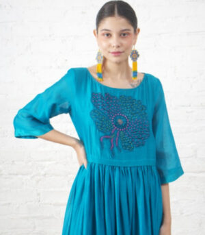 Teal Silk Chanderi Dress with Hand‑Beaded Floral Motif