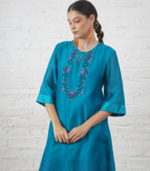 Teal Silk Chanderi Kurta with Floral Embroidery