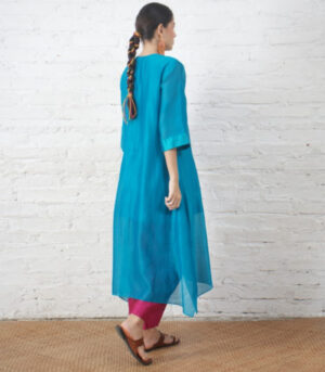 Teal Silk Chanderi Kurta with Floral Embroidery