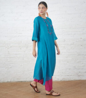 Teal Silk Chanderi Kurta with Floral Embroidery