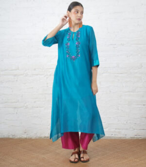 Teal Silk Chanderi Kurta with Floral Embroidery