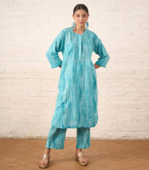 Aqua Cotton Linen Printed Kurta Set