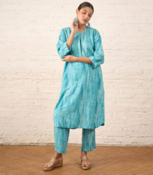 Aqua Cotton Linen Printed Kurta Set
