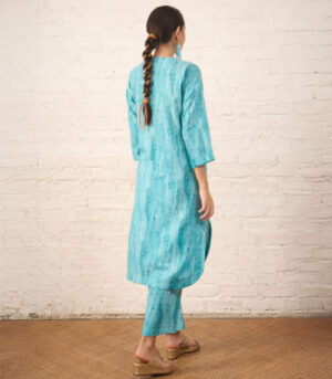Aqua Cotton Linen Printed Kurta Set