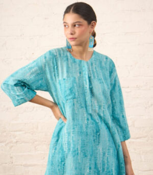 Aqua Cotton Linen Printed Kurta Set