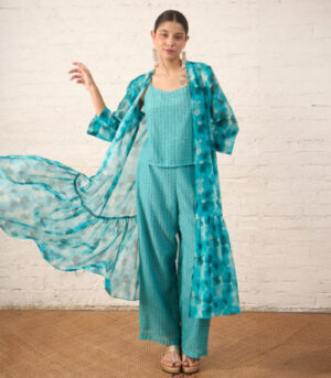 Aqua Printed Overlay with Co‑ordinated Inner and Pants