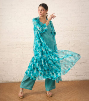 Aqua Printed Overlay with Co‑ordinated Inner and Pants