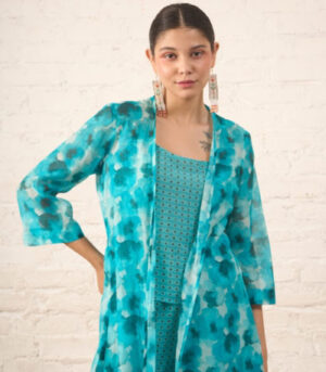Aqua Printed Overlay with Co‑ordinated Inner and Pants