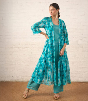 Aqua Printed Overlay with Co‑ordinated Inner and Pants