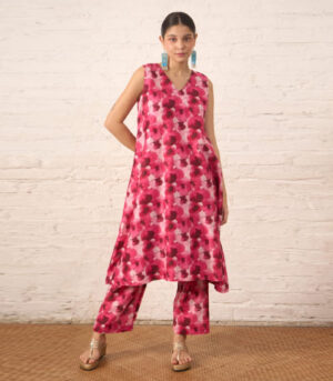 Pink Floral Printed Silk Chanderi Kurta Set