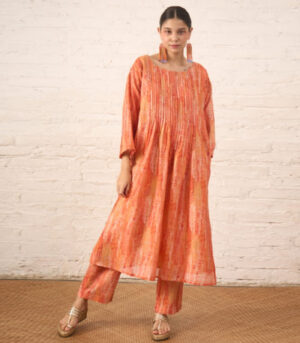 Peach Silk Chanderi Pintuck Kurta with Pants