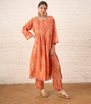 Peach Silk Chanderi Pintuck Kurta with Pants