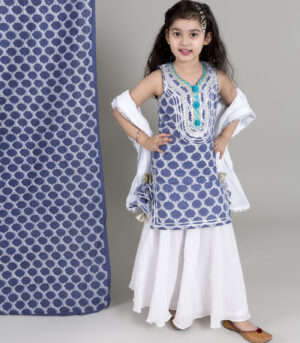 Indigo Kurta With Lurex Skirt And Crushed Mulmul Dupatta