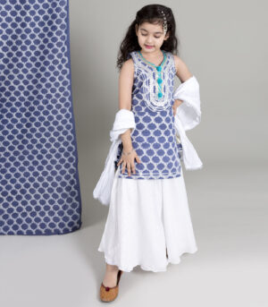 Indigo Kurta With Lurex Skirt And Crushed Mulmul Dupatta