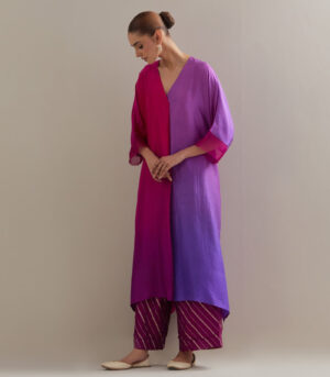 Brinjal Burgandy Ombre Kaftan with Brocade Pants