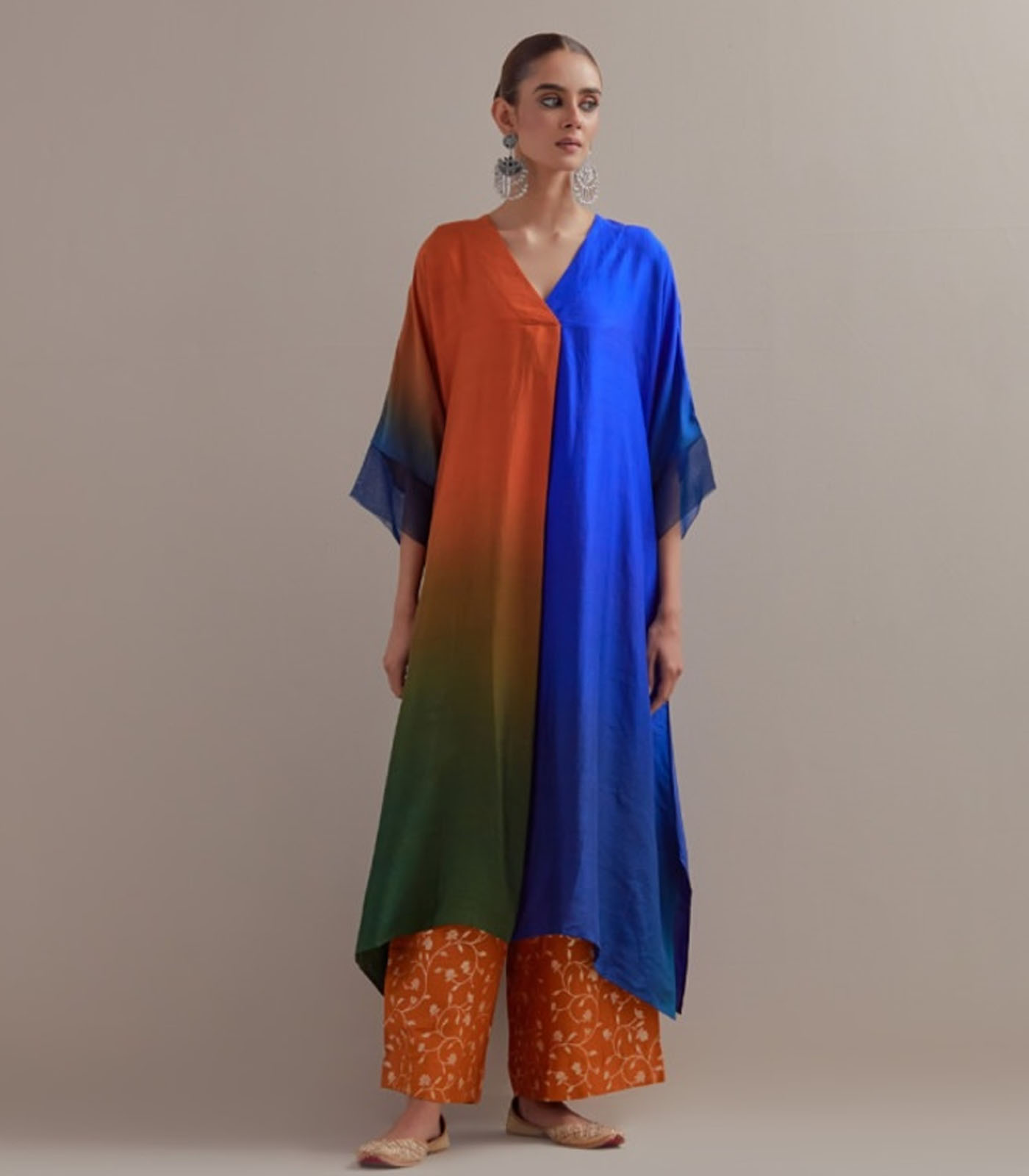 Mustard green blue Ombre Kaftan with Brocade Pants