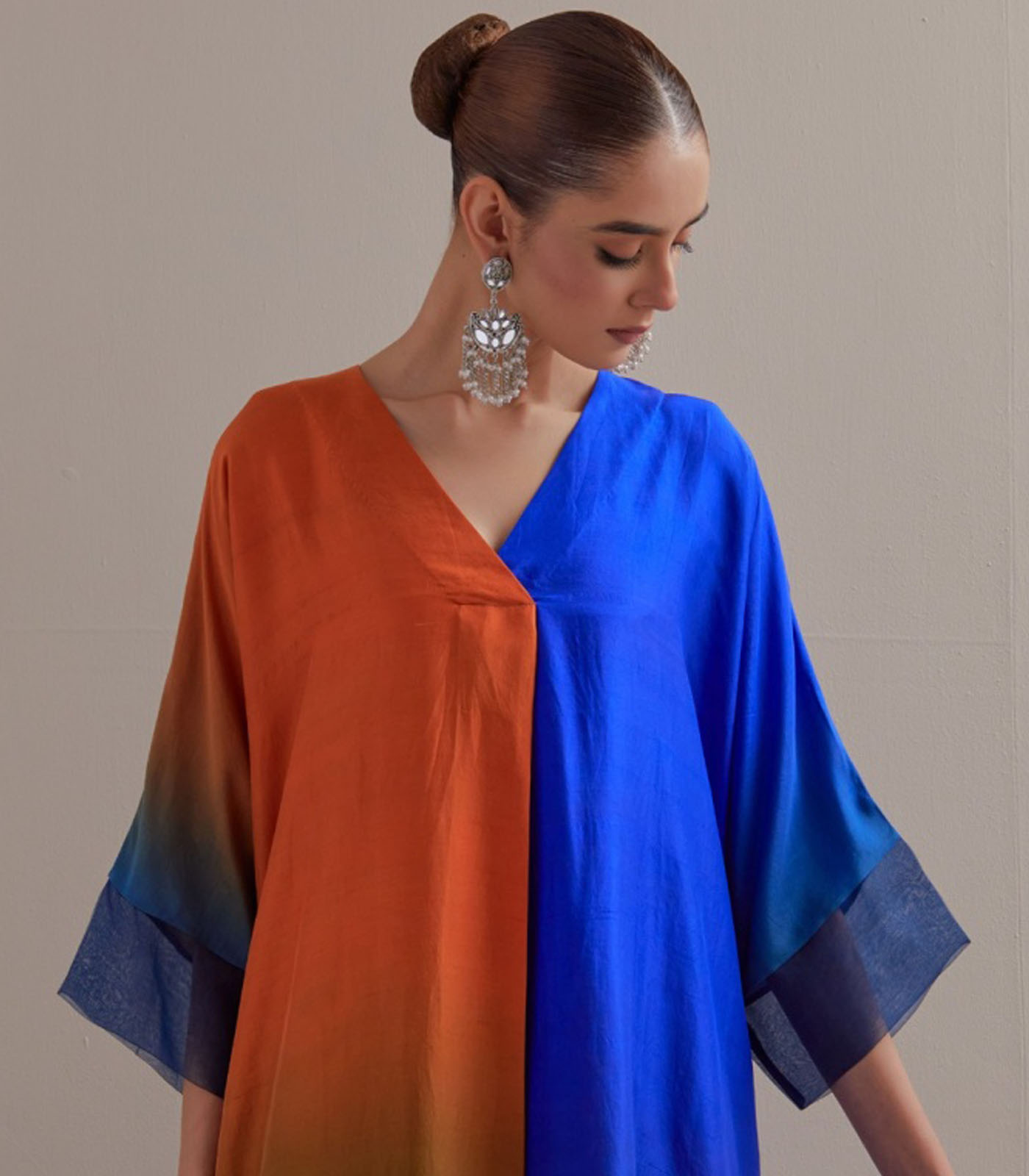 Mustard green blue Ombre Kaftan with Brocade Pants - Image 3