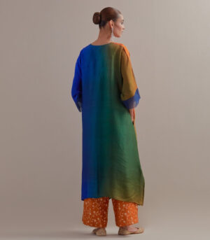 Mustard green blue Ombre Kaftan with Brocade Pants