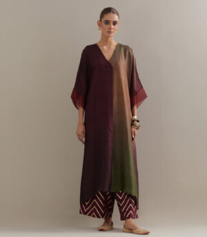 Olive Navy Maroon Ombre Kaftan with Brocade Pants