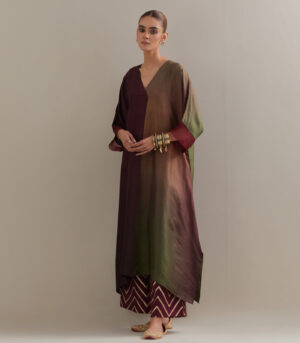 Olive Navy Maroon Ombre Kaftan with Brocade Pants