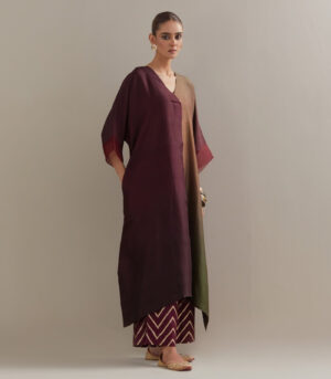 Olive Navy Maroon Ombre Kaftan with Brocade Pants