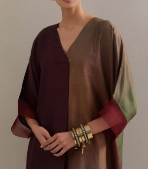 Olive Navy Maroon Ombre Kaftan with Brocade Pants